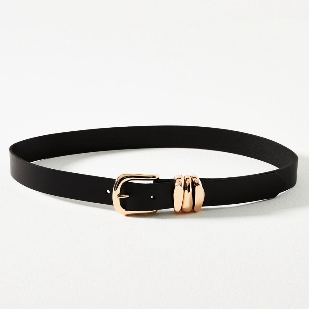 Anthropologie Structured Keeper Black 100% Genuine Leather Gold Buckle Belt 2X